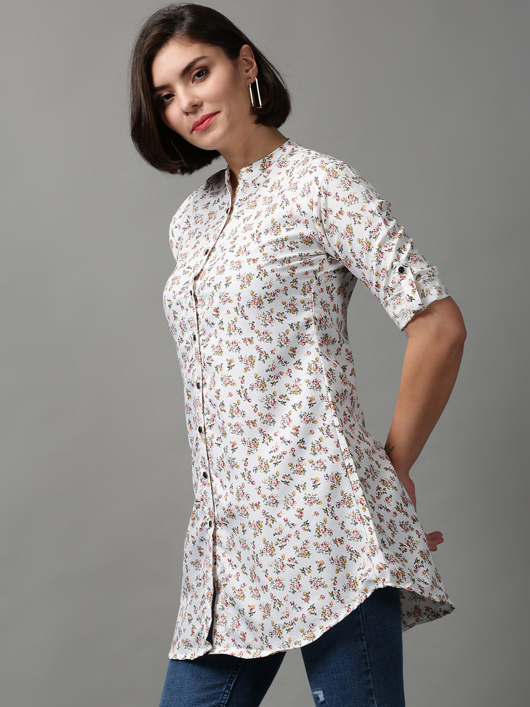 Women's White Printed Longline Shirt