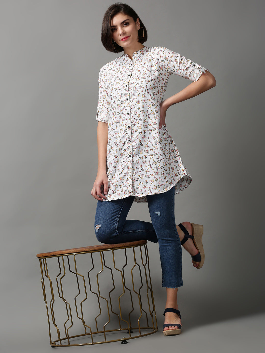 Women's White Printed Longline Shirt