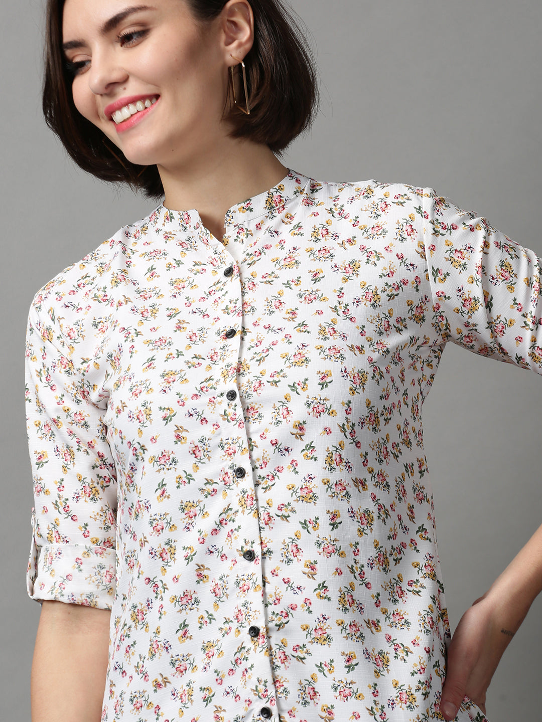 Women's White Printed Longline Shirt