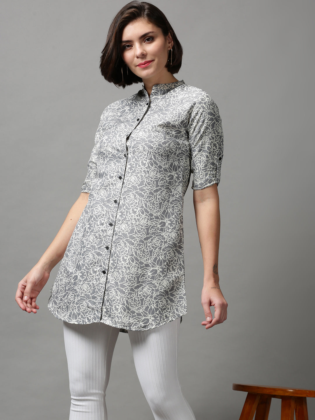 Women's Grey Printed Longline Shirt