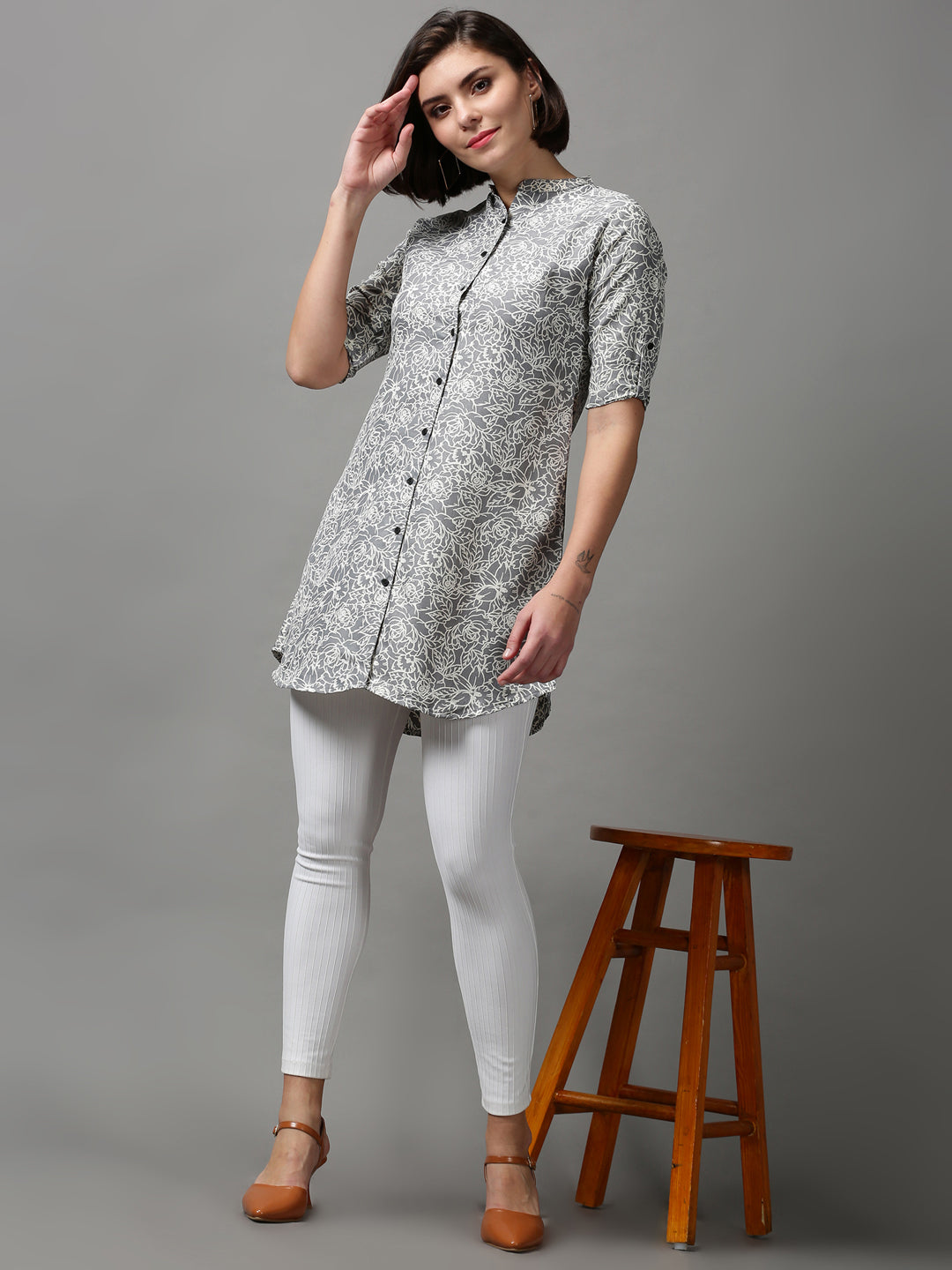 Women's Grey Printed Longline Shirt