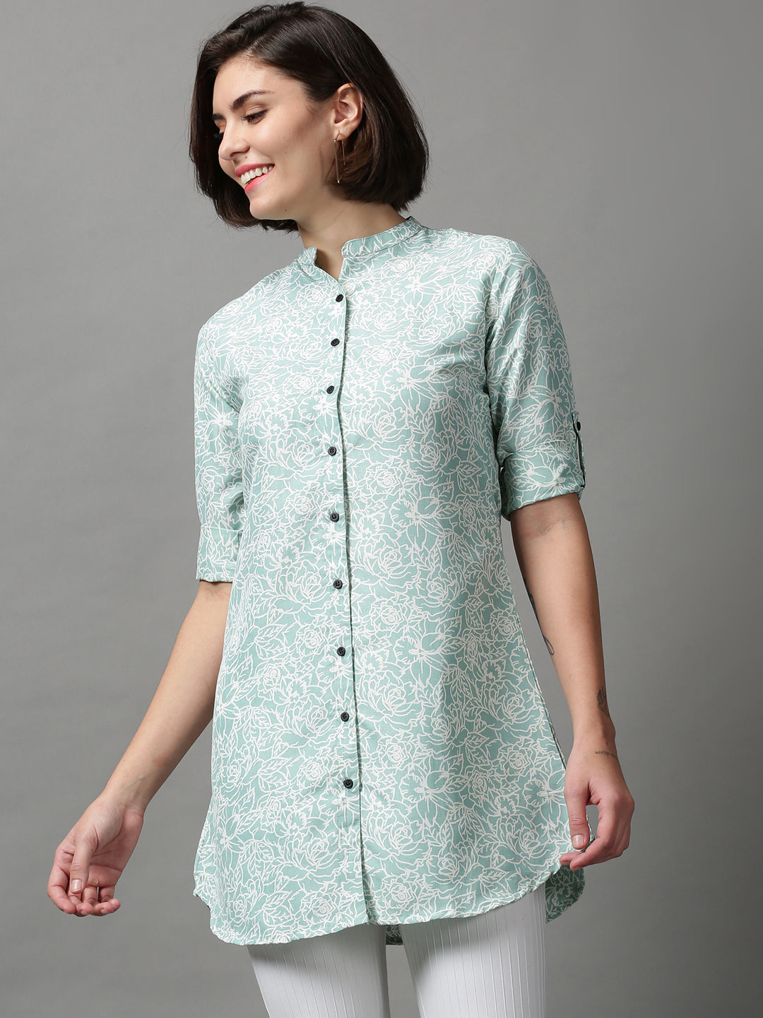 Women's Green Printed Longline Shirt