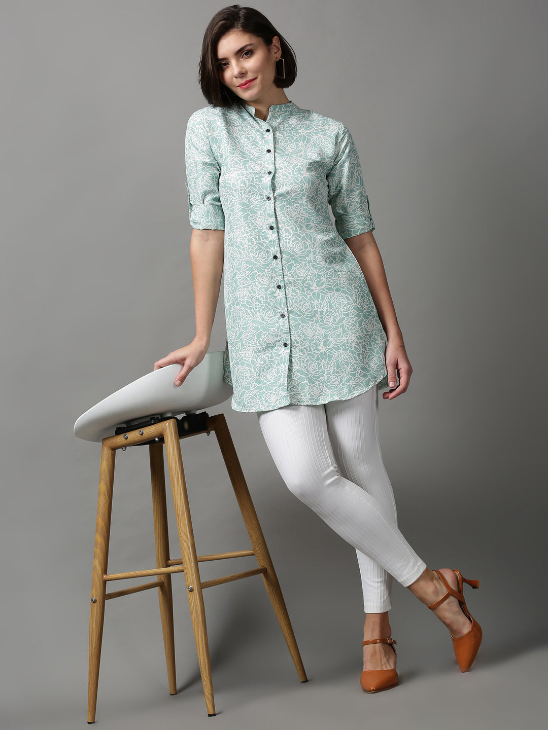 Women's Green Printed Longline Shirt