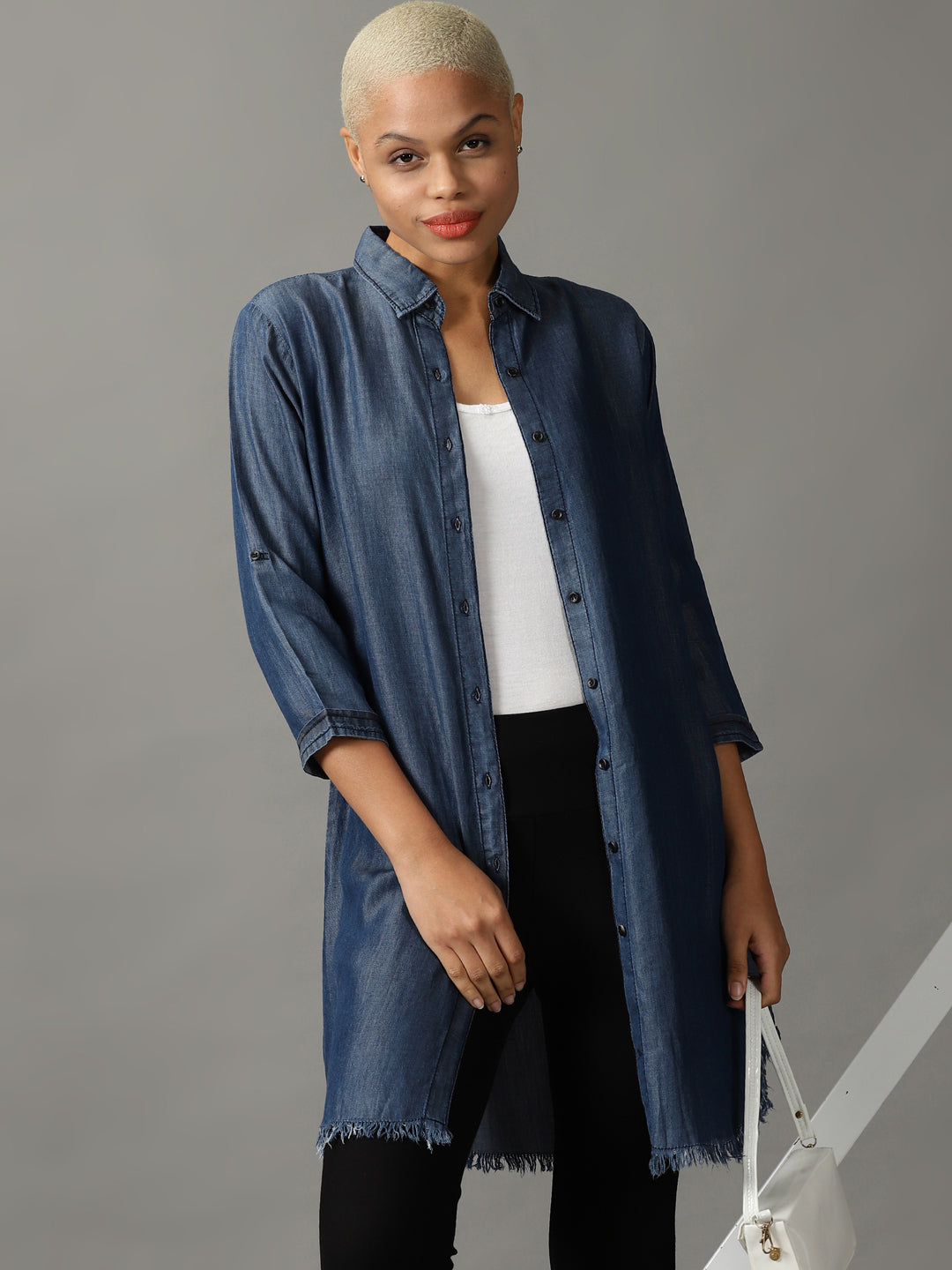 Women's Blue Solid Longline Shirt