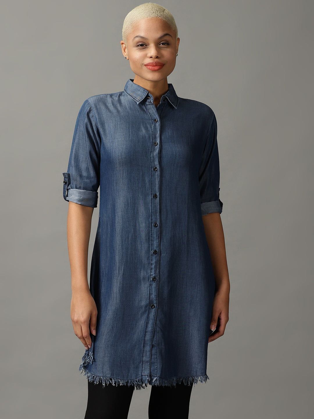 Women's Blue Solid Longline Shirt