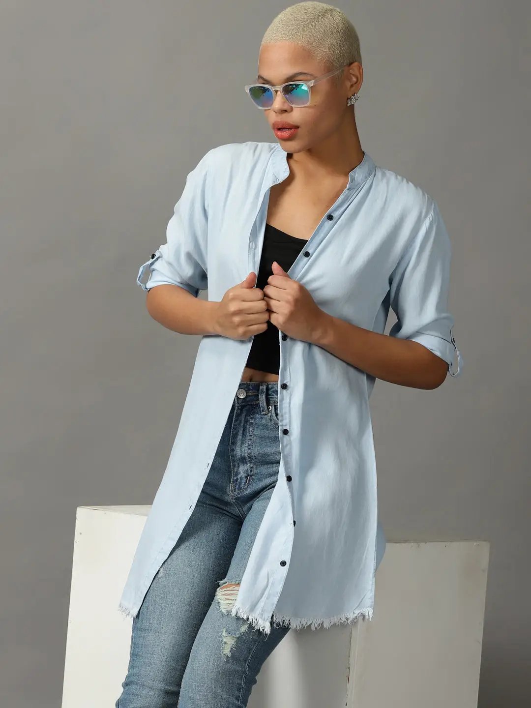 Women's Blue Solid Longline Shirt