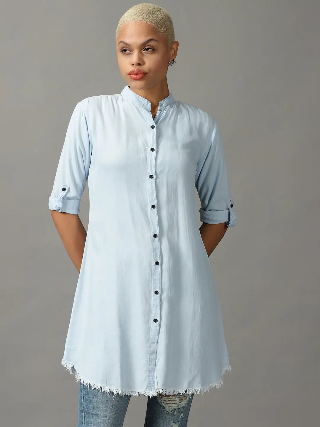 Women's Blue Solid Longline Shirt