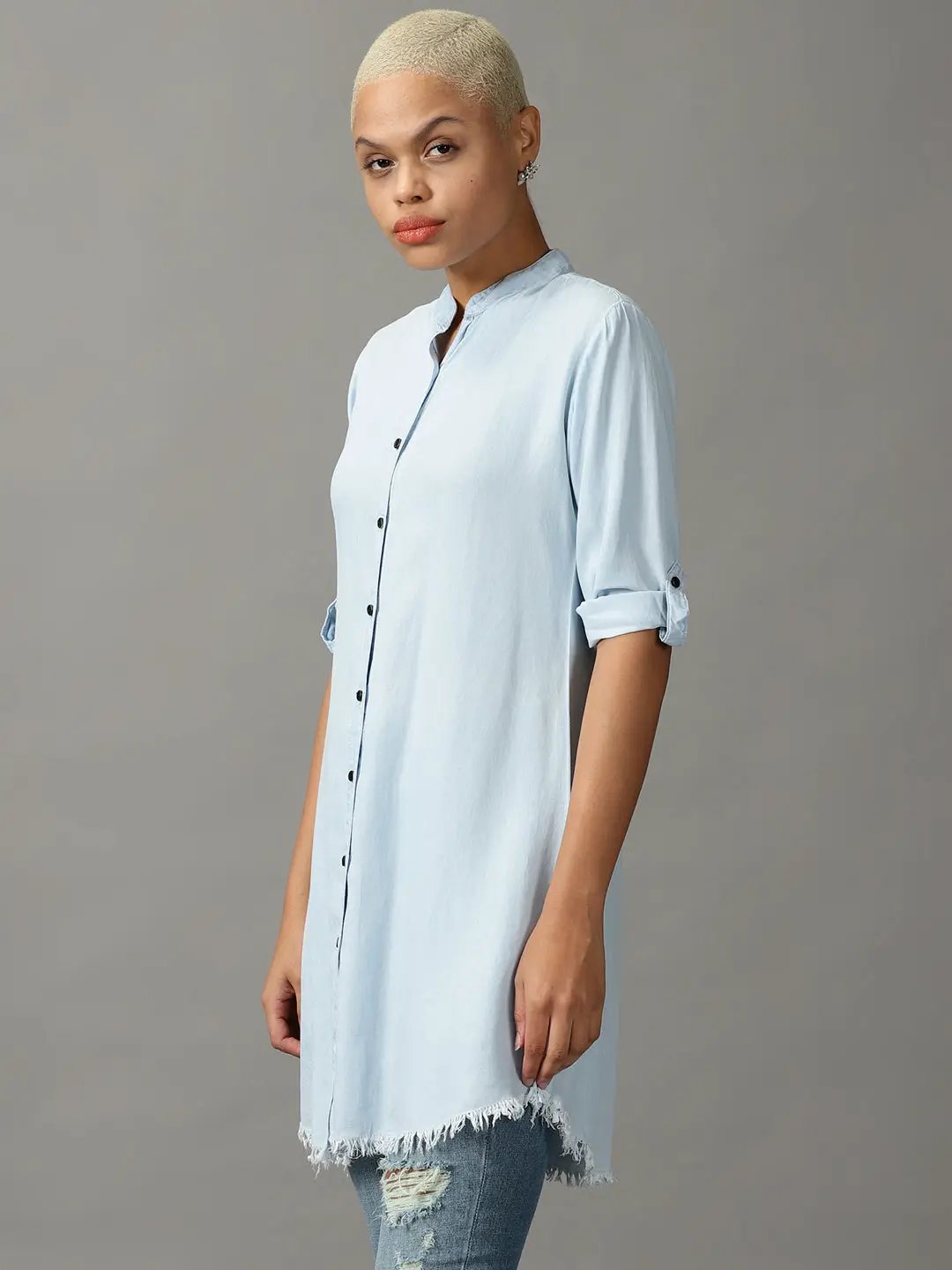 Women's Blue Solid Longline Shirt