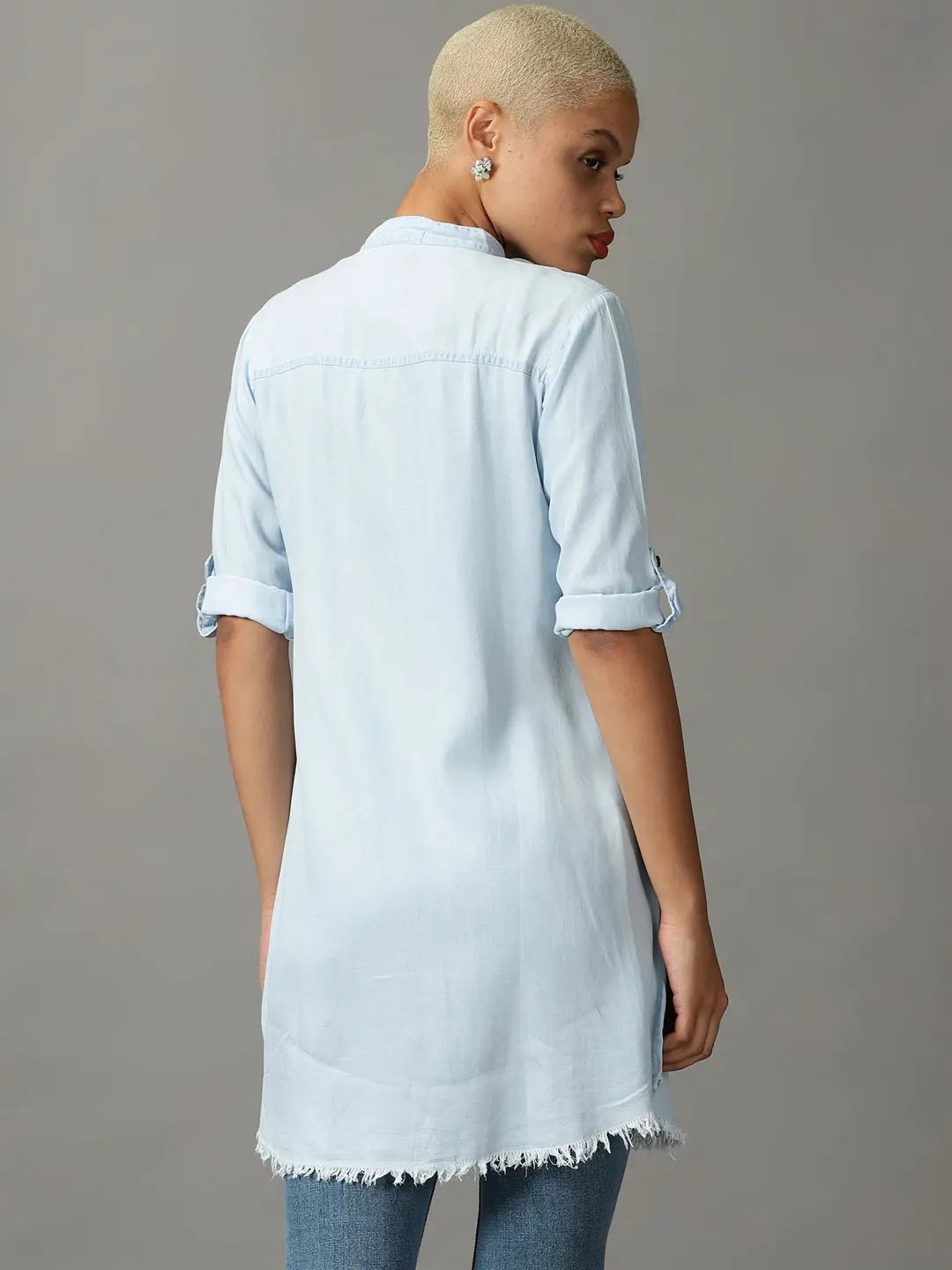 Women's Blue Solid Longline Shirt