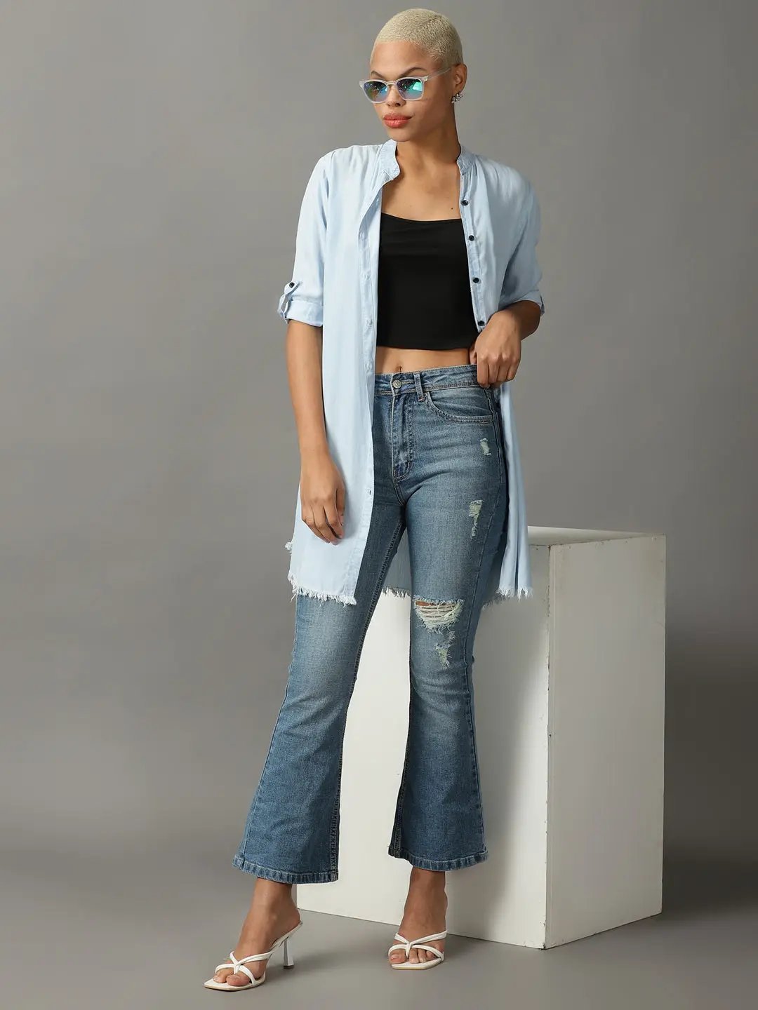 Women's Blue Solid Longline Shirt