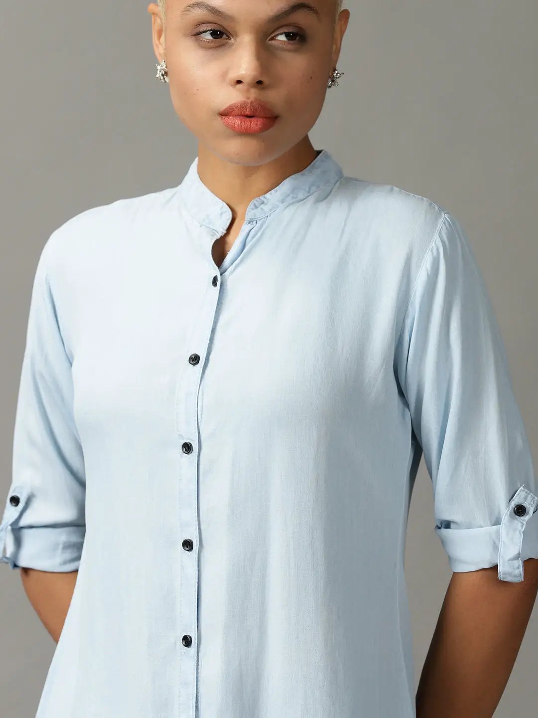 Women's Blue Solid Longline Shirt
