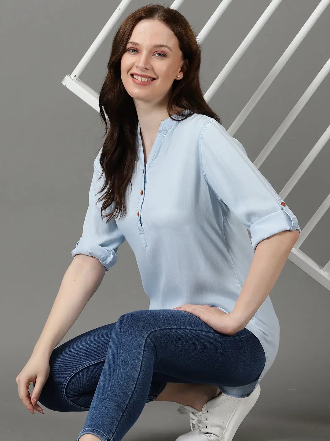 Women's Blue Solid Shirt Style Top
