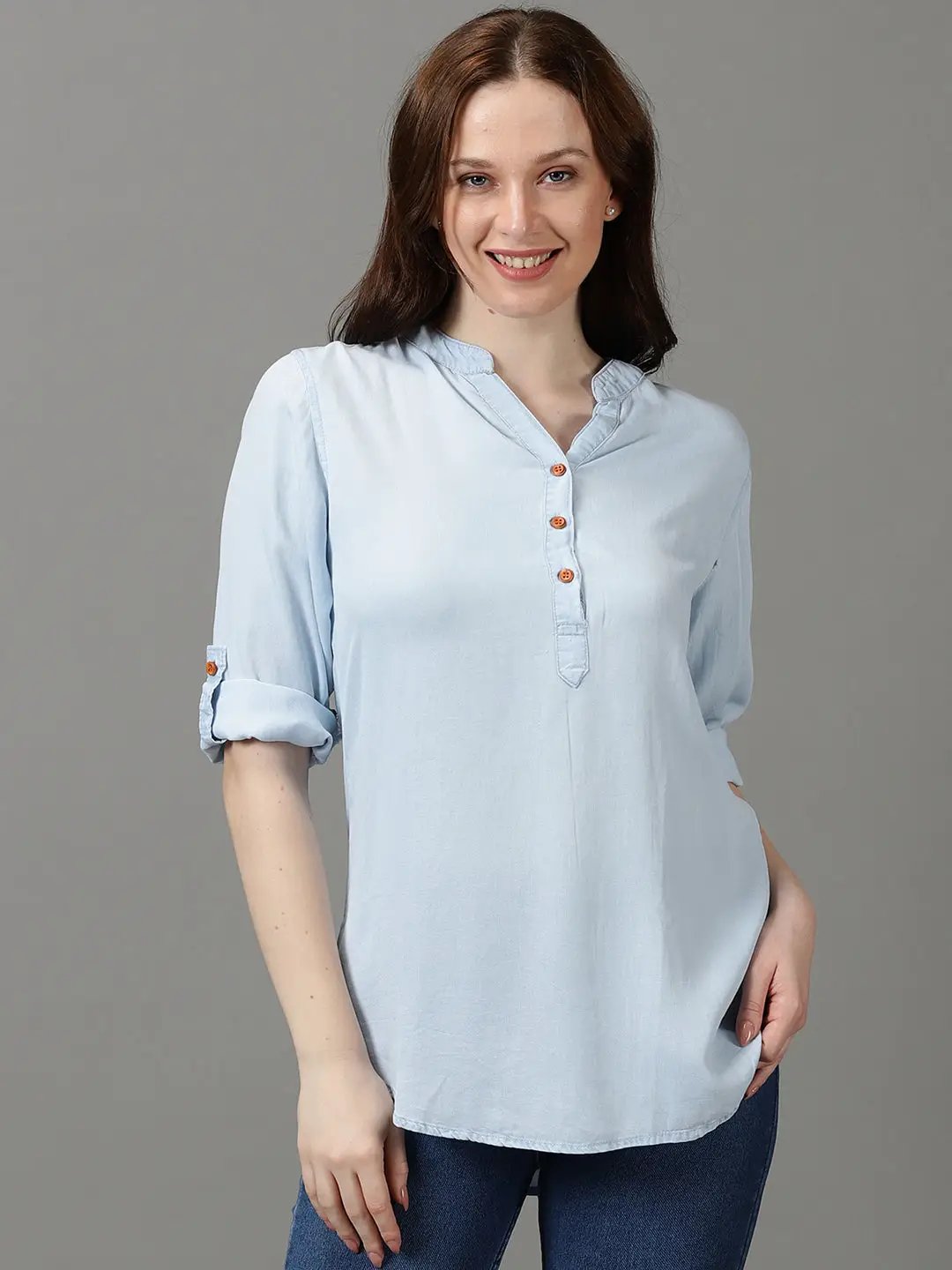 Women's Blue Solid Shirt Style Top