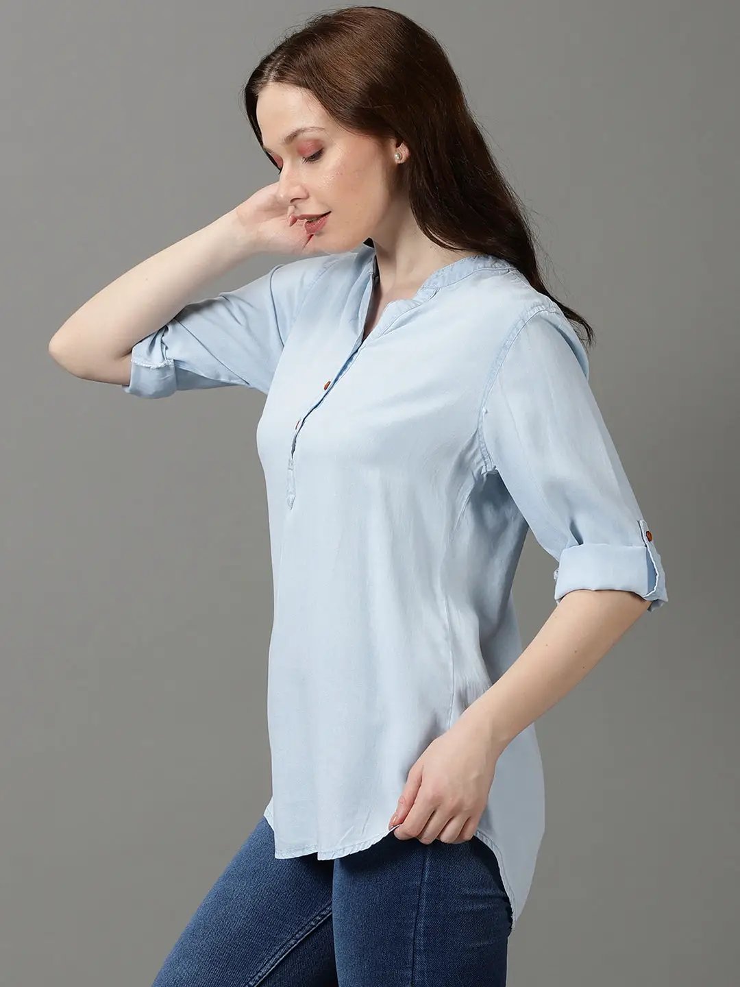 Women's Blue Solid Shirt Style Top