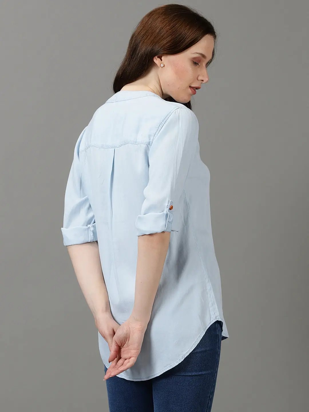 Women's Blue Solid Shirt Style Top