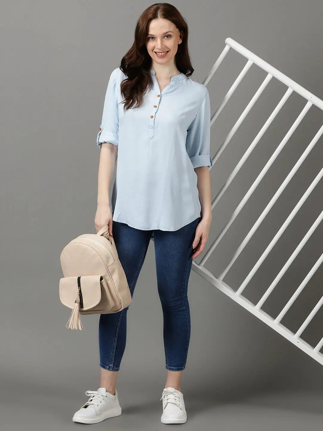 Women's Blue Solid Shirt Style Top