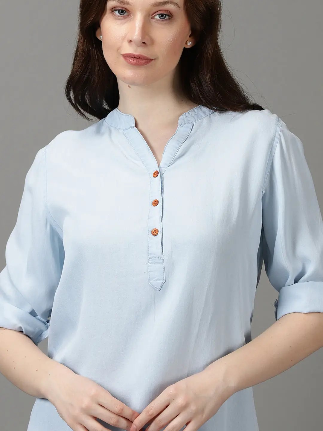 Women's Blue Solid Shirt Style Top