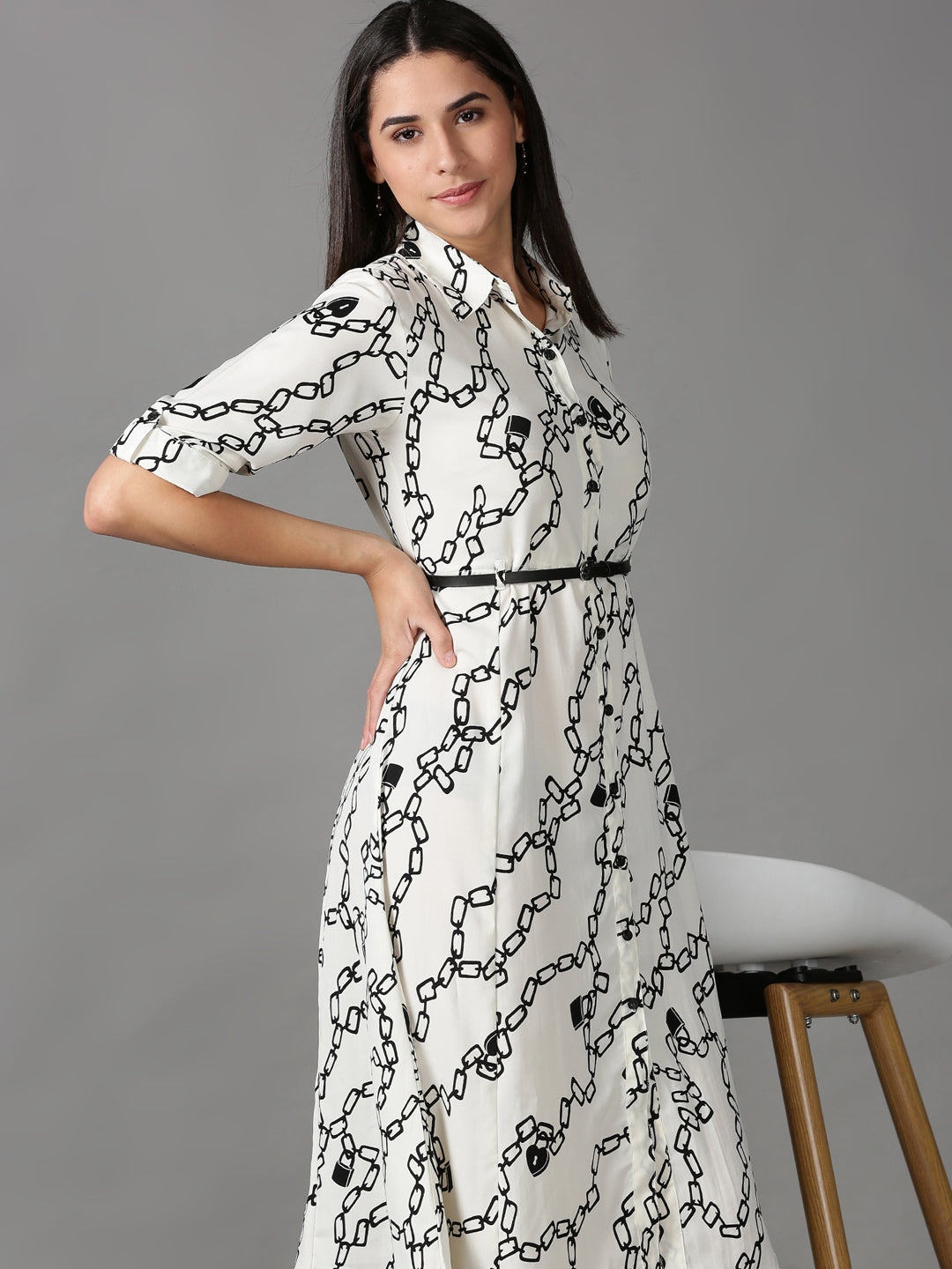 Women's White Printed Fit and Flare Dress