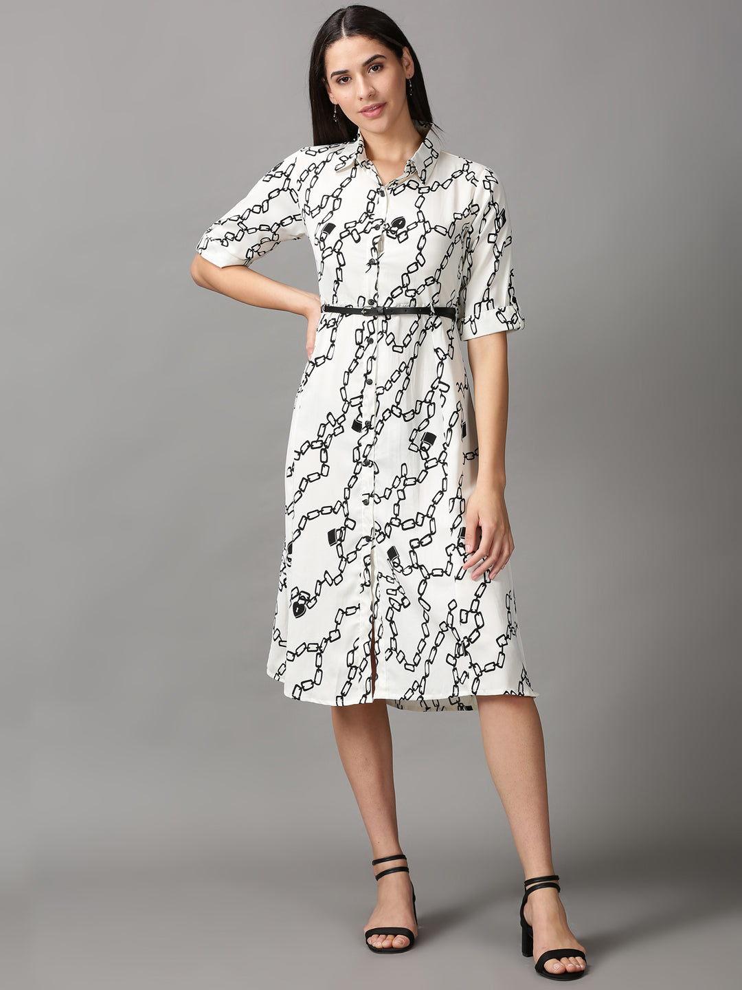 Women's White Printed Fit and Flare Dress