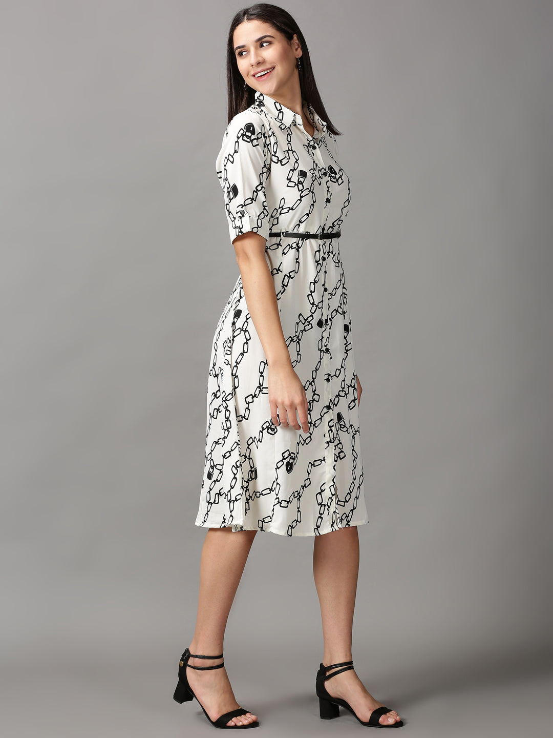 Women's White Printed Fit and Flare Dress