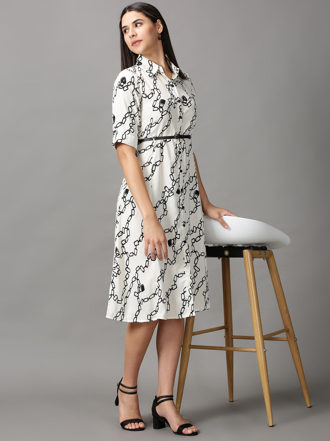 Women's White Printed Fit and Flare Dress