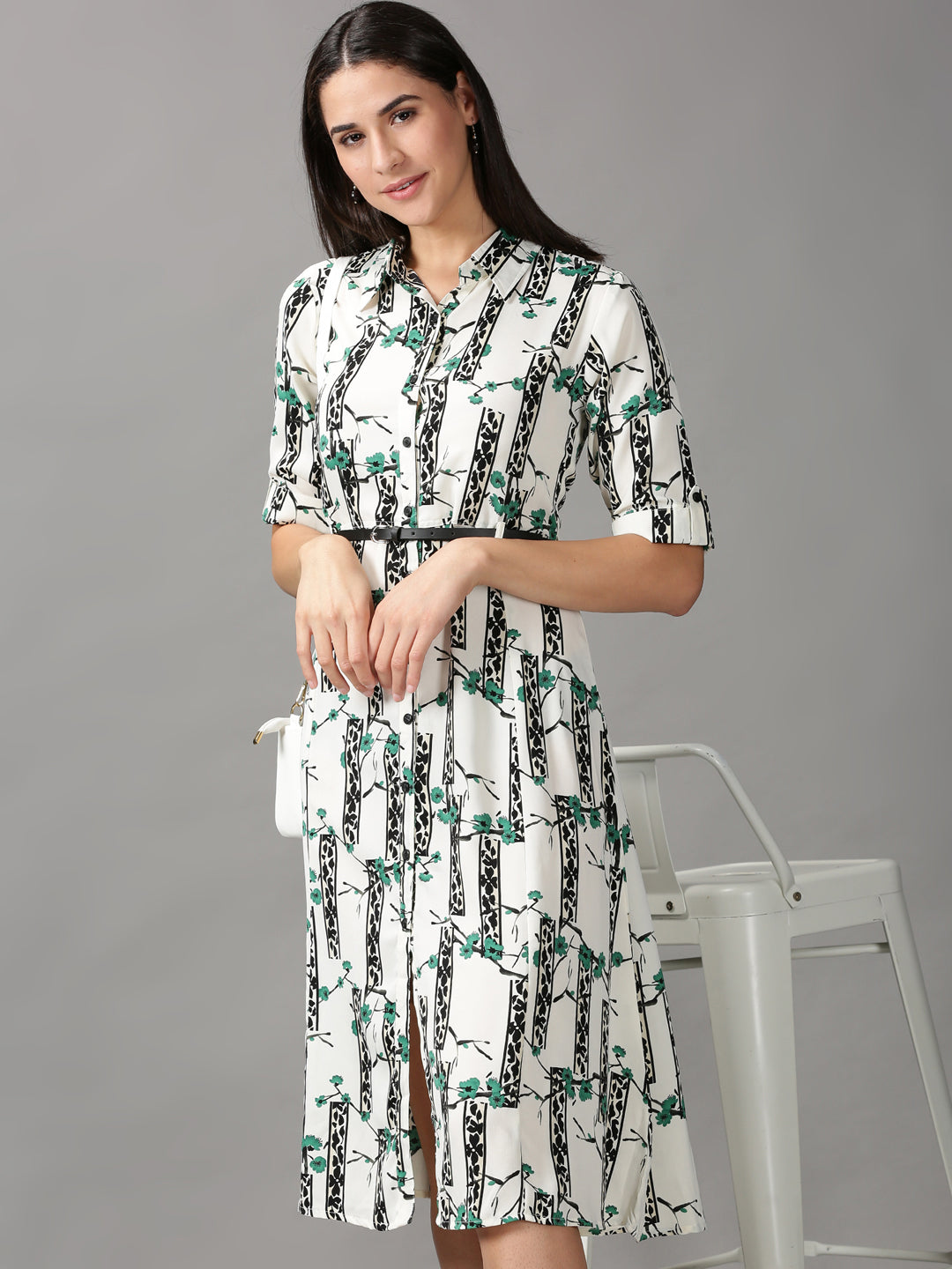 Women's White Printed Fit and Flare Dress