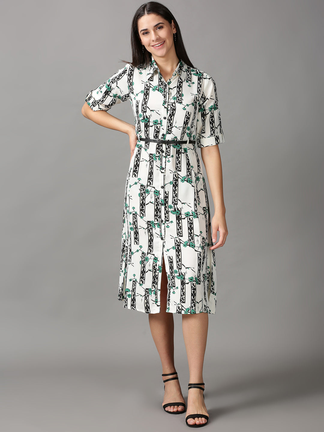 Women's White Printed Fit and Flare Dress