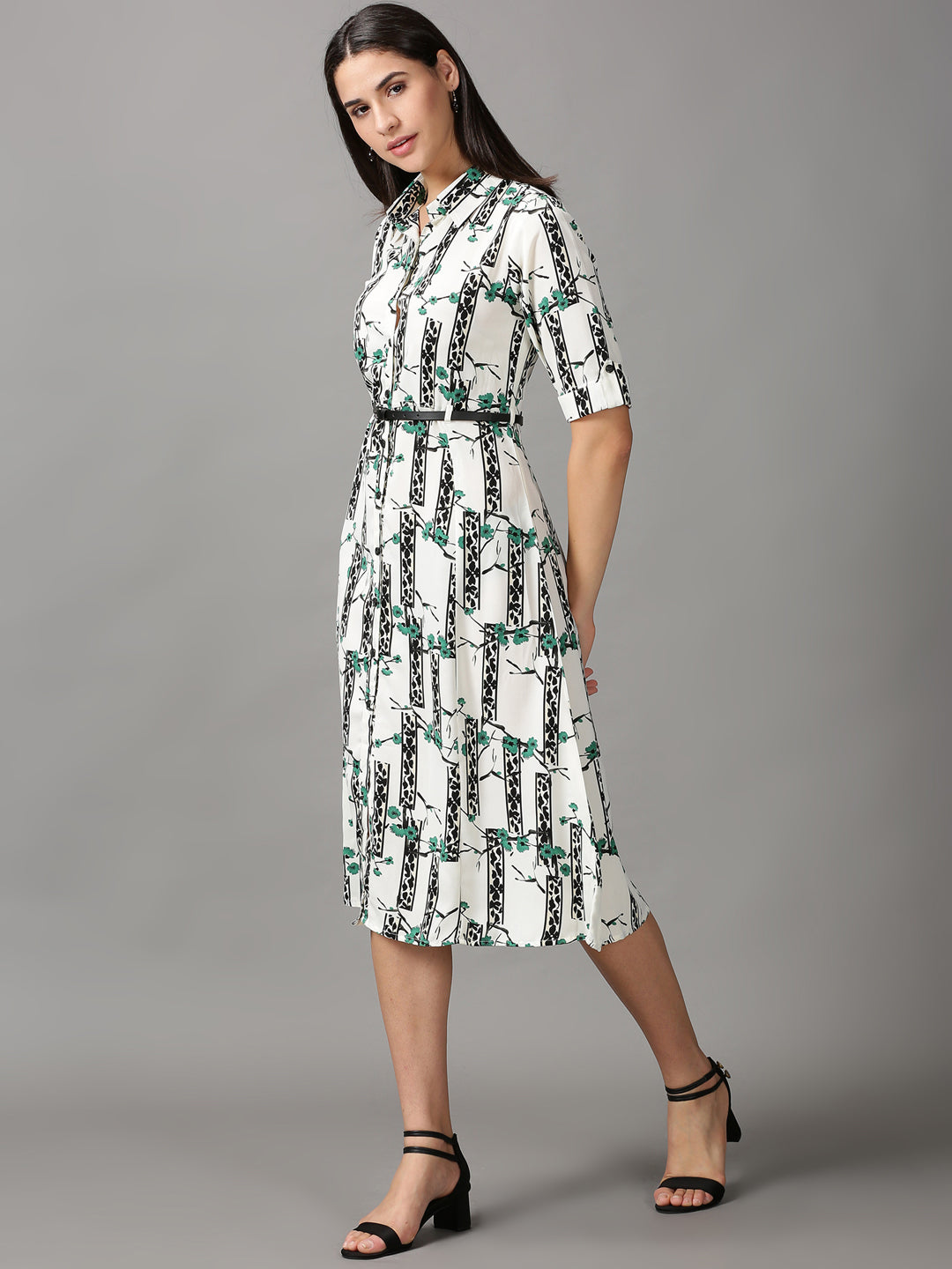 Women's White Printed Fit and Flare Dress