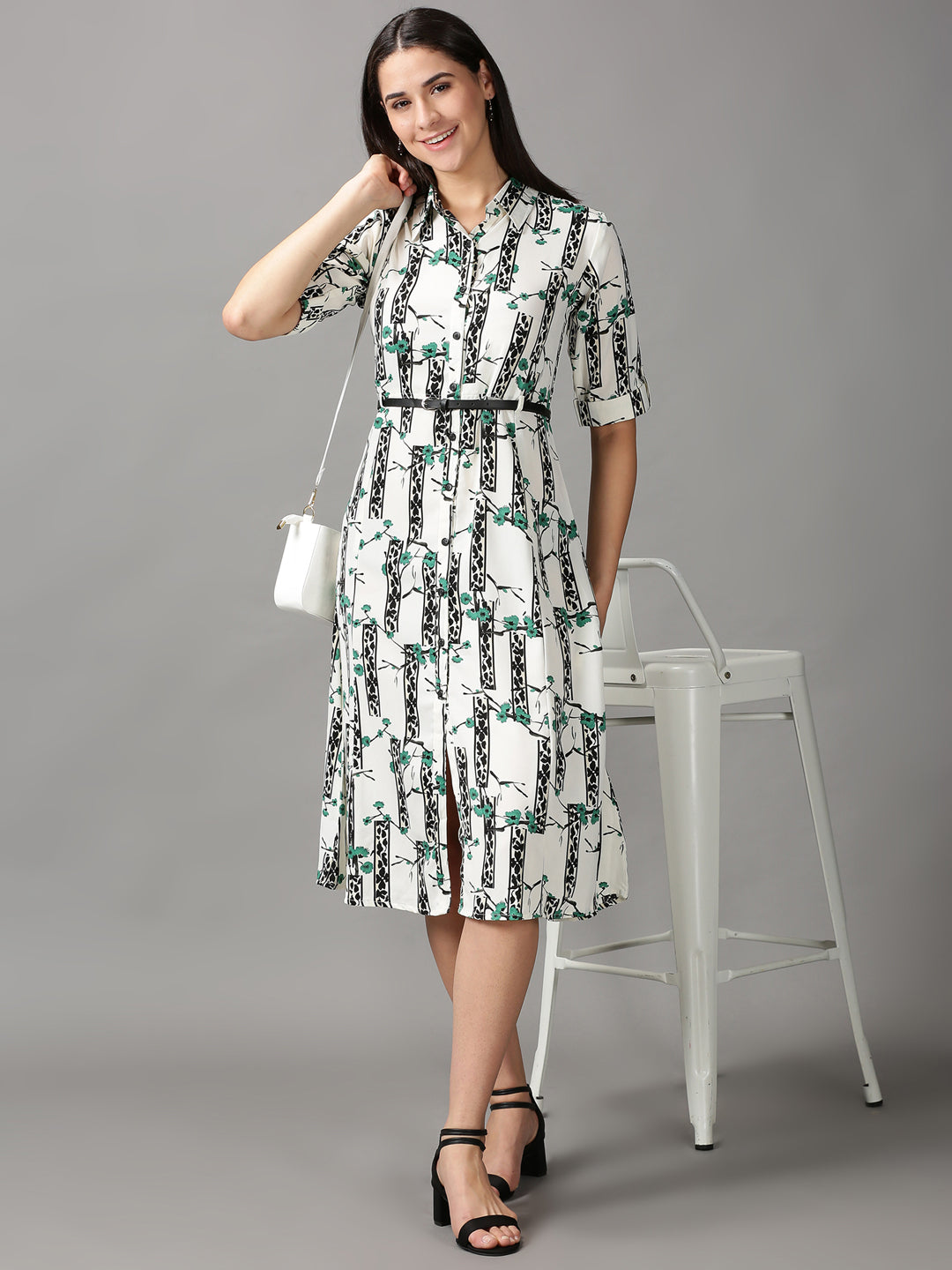 Women's White Printed Fit and Flare Dress