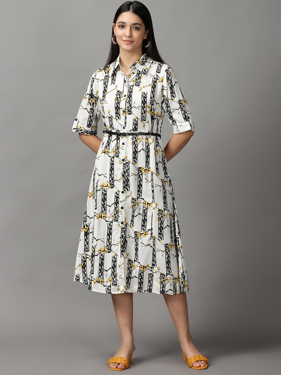 Women's White Floral Fit and Flare Dress