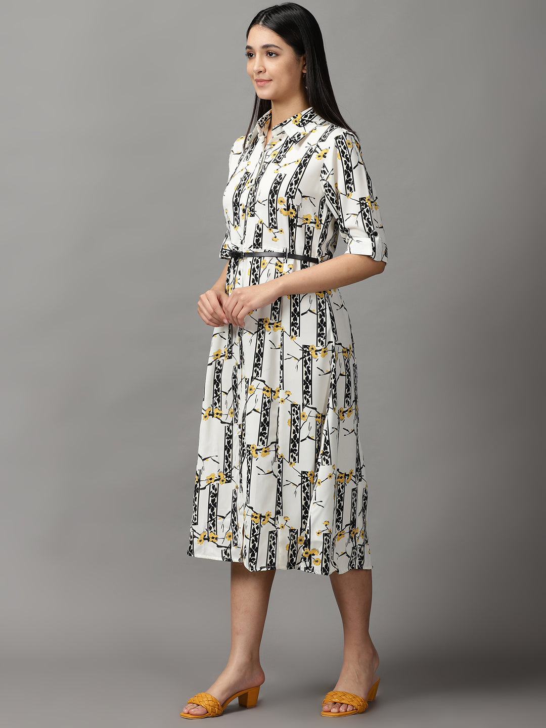 Women's White Floral Fit and Flare Dress