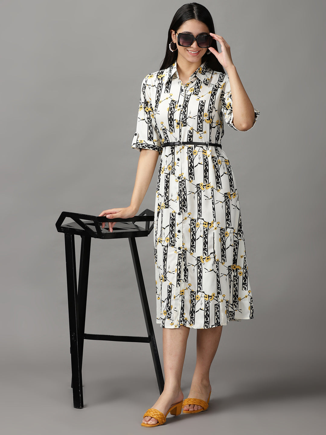 Women's White Floral Fit and Flare Dress