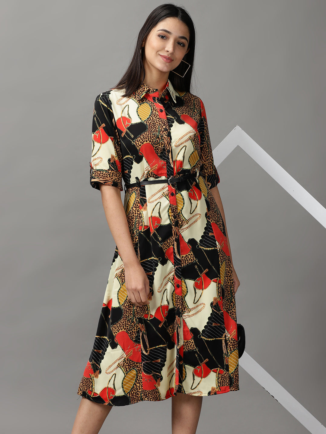 Women's Orange & Black Fit and Flare Dress