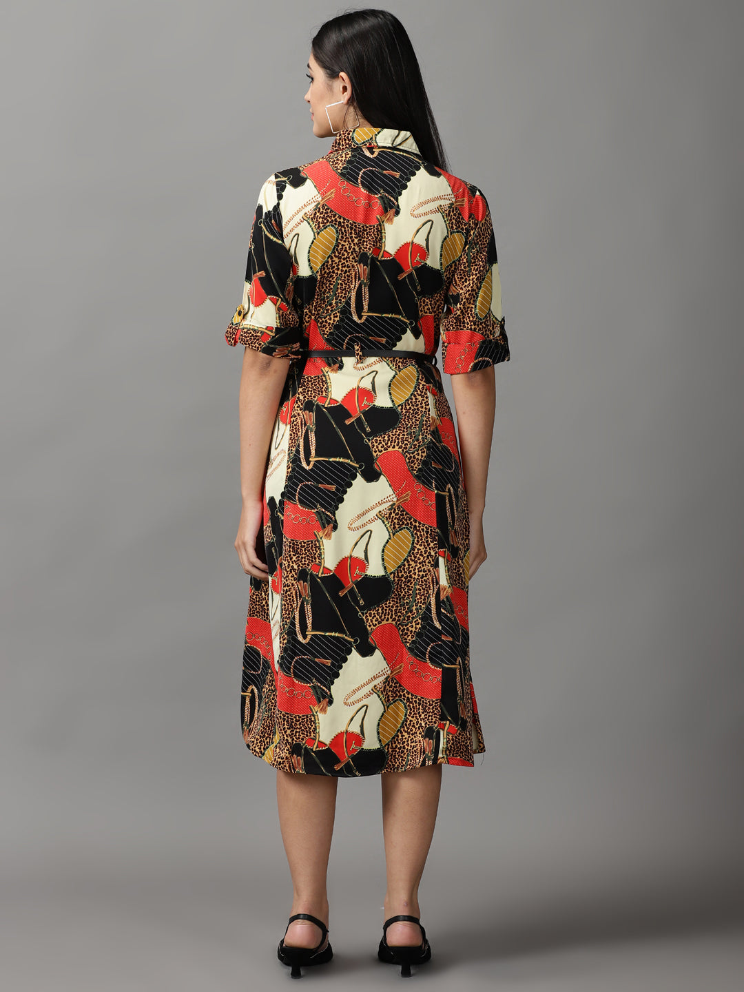 Women's Orange & Black Fit and Flare Dress