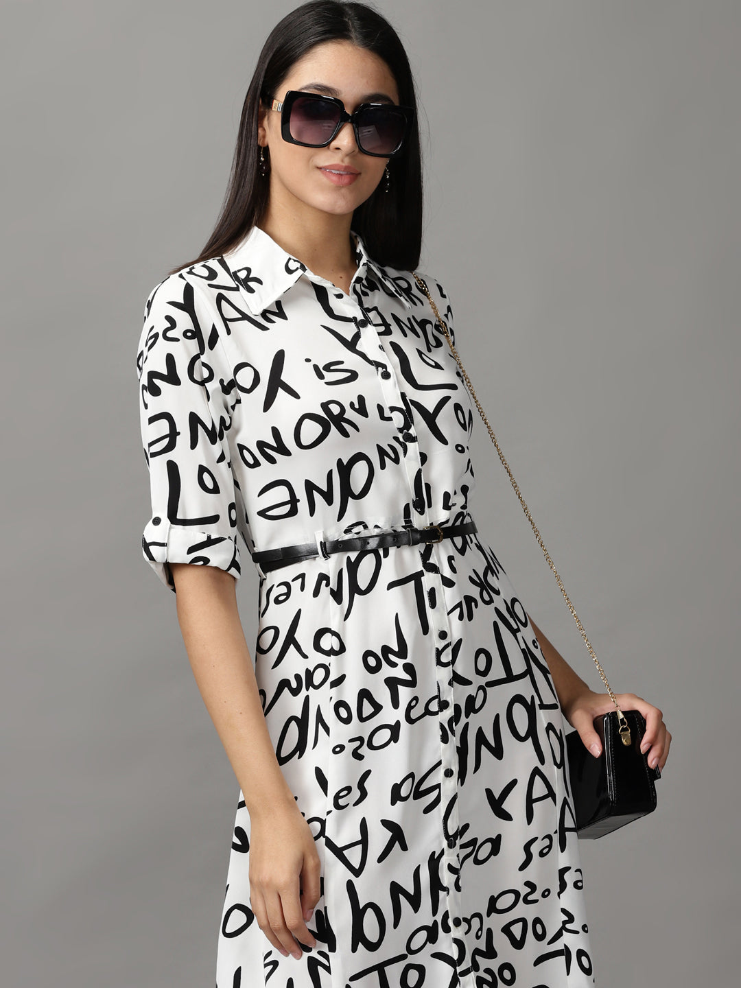 Women's White Typographic Fit and Flare Dress