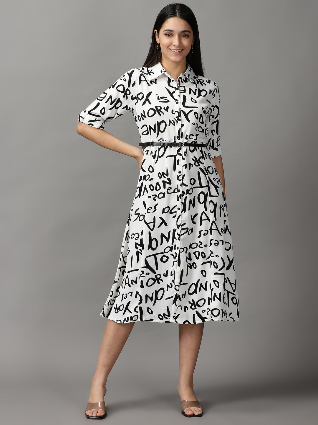 Women's White Typographic Fit and Flare Dress