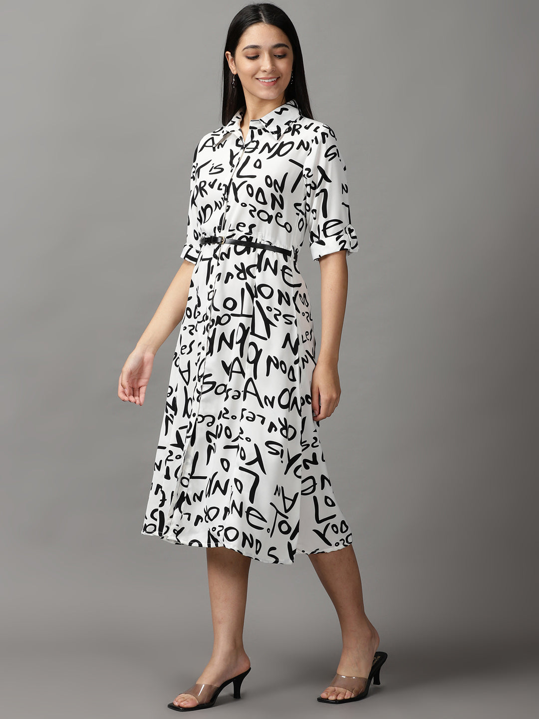 Women's White Typographic Fit and Flare Dress