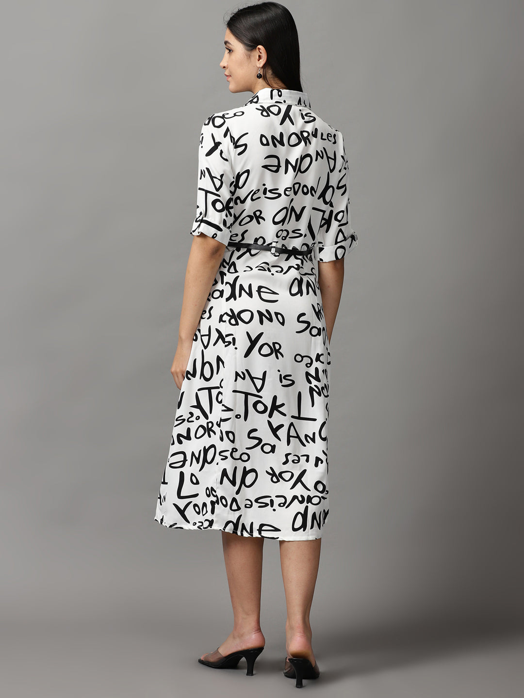 Women's White Typographic Fit and Flare Dress