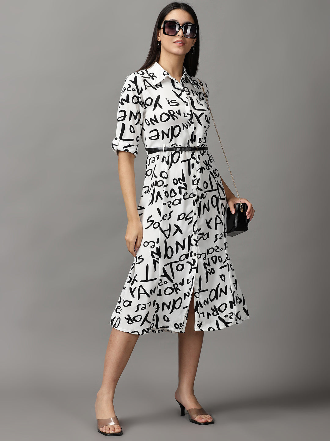 Women's White Typographic Fit and Flare Dress