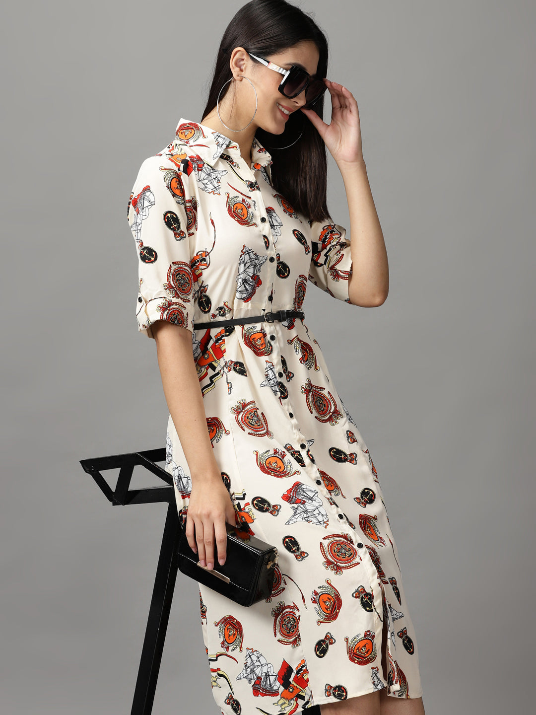 Women's Beige Printed A-Line Dress