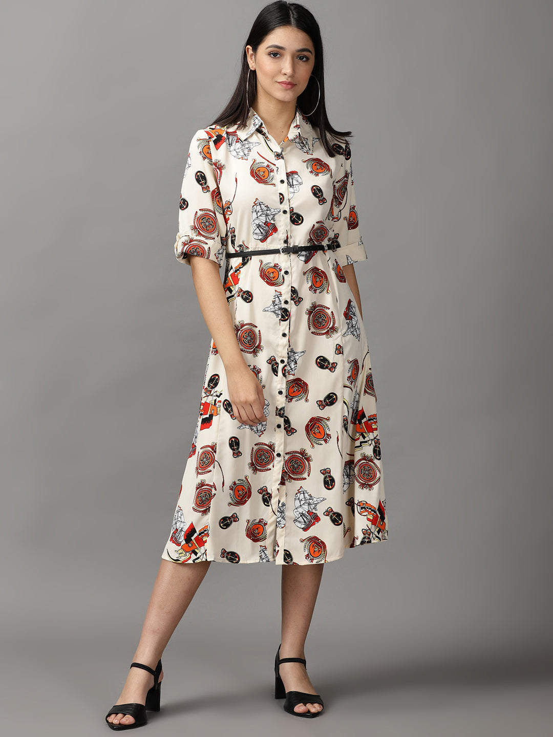 Women's Beige Printed A-Line Dress