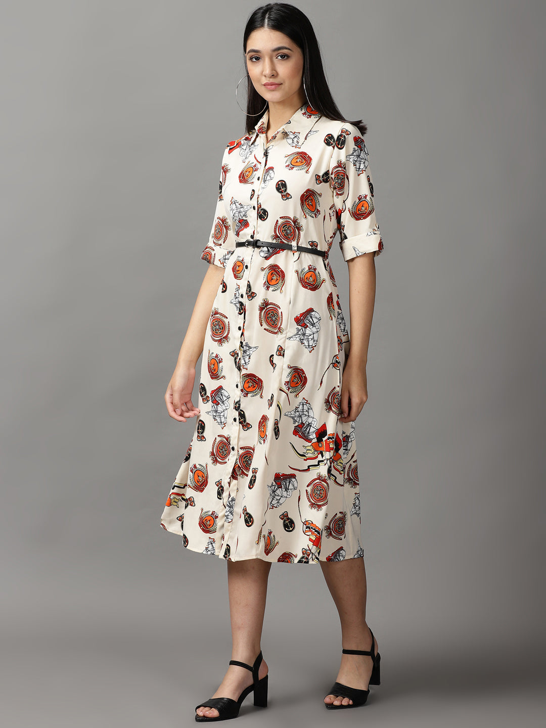 Women's Beige Printed A-Line Dress