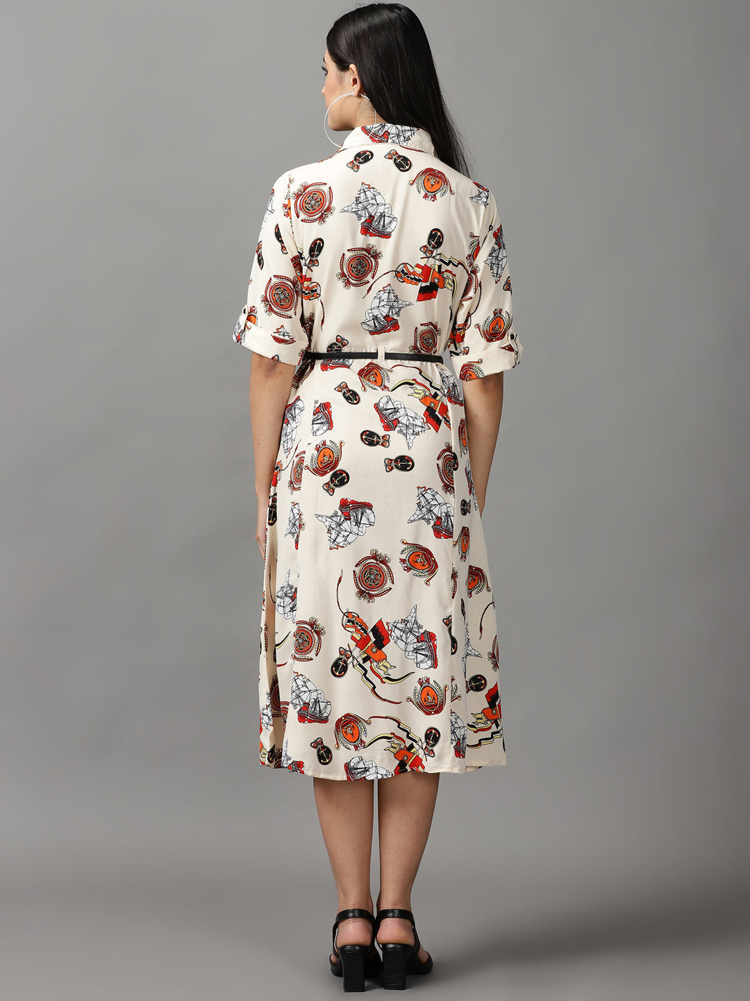 Women's Beige Printed A-Line Dress