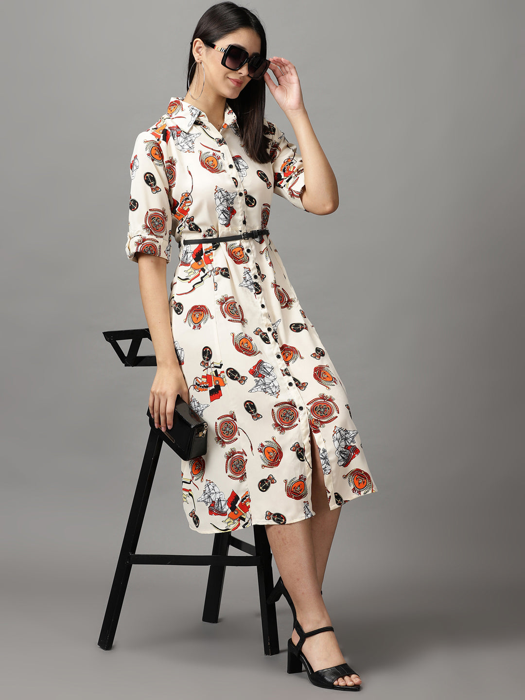 Women's Beige Printed A-Line Dress