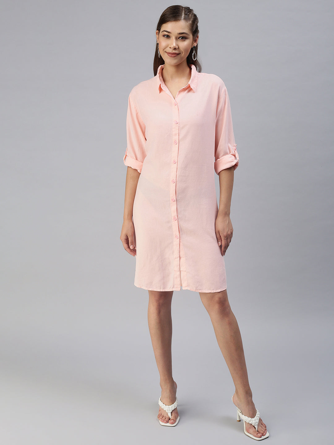 Women's Pink Solid Shirt Dress