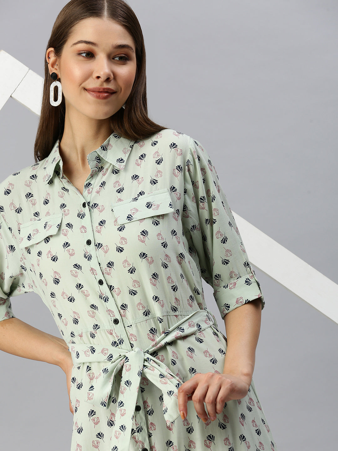 Women's Green Printed Shirt Dress