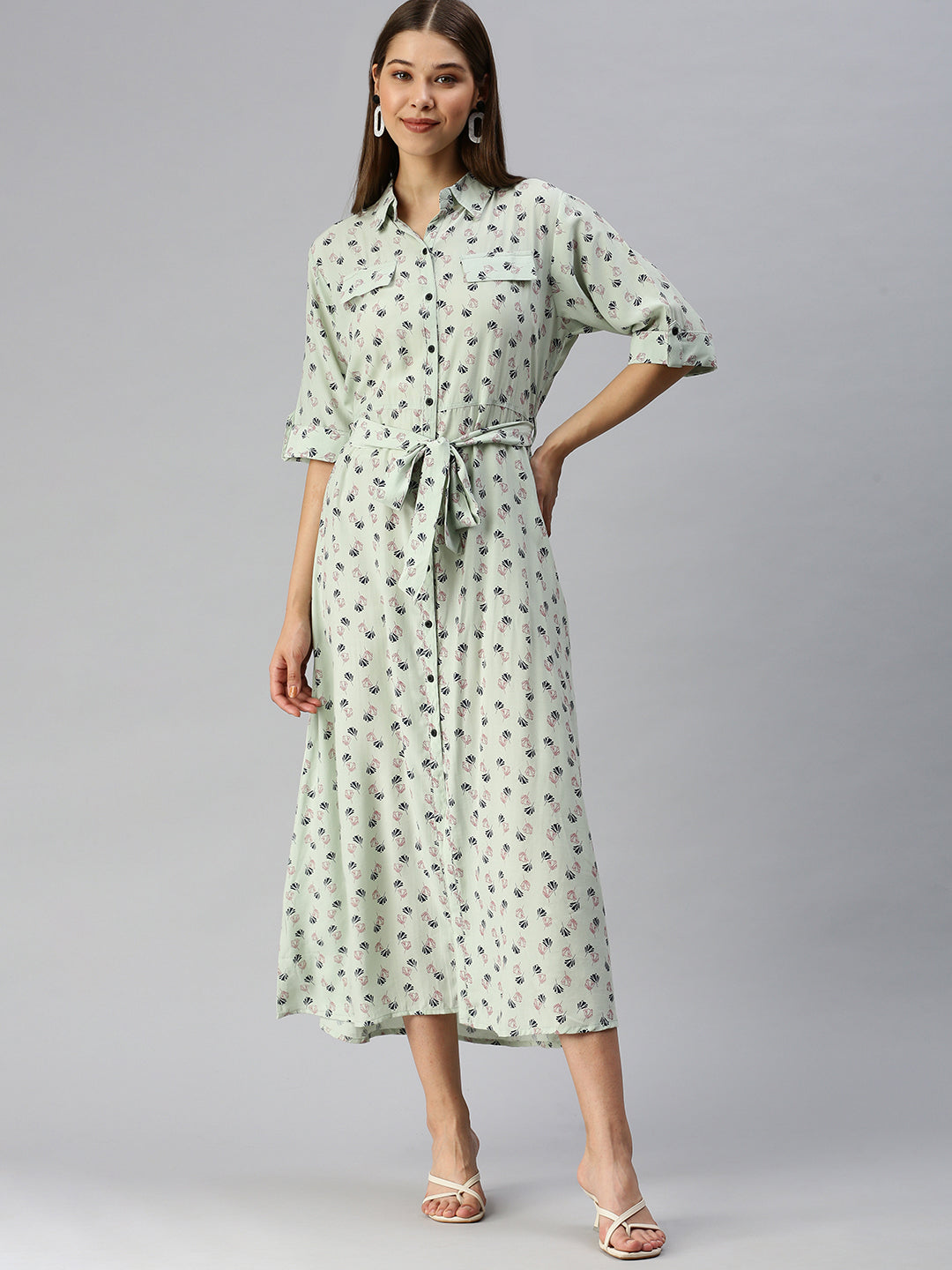 Women's Green Printed Shirt Dress