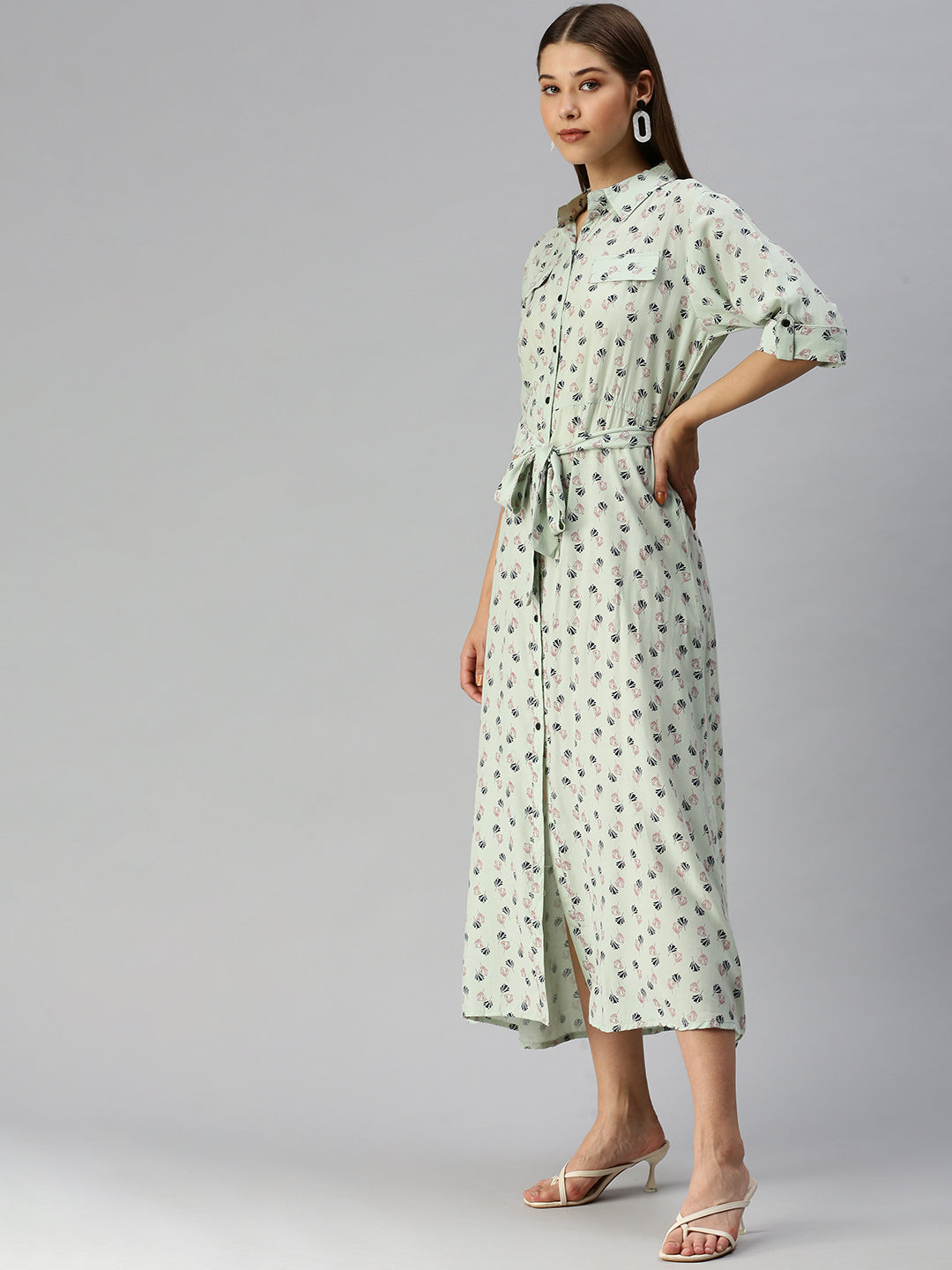 Women's Green Printed Shirt Dress