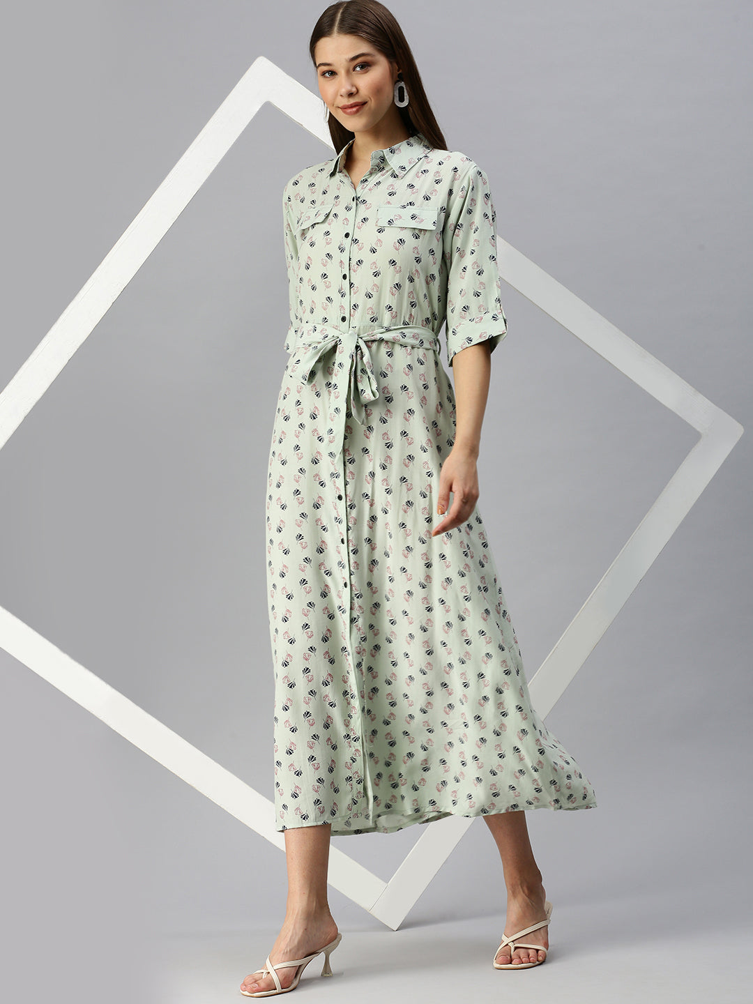 Women's Green Printed Shirt Dress