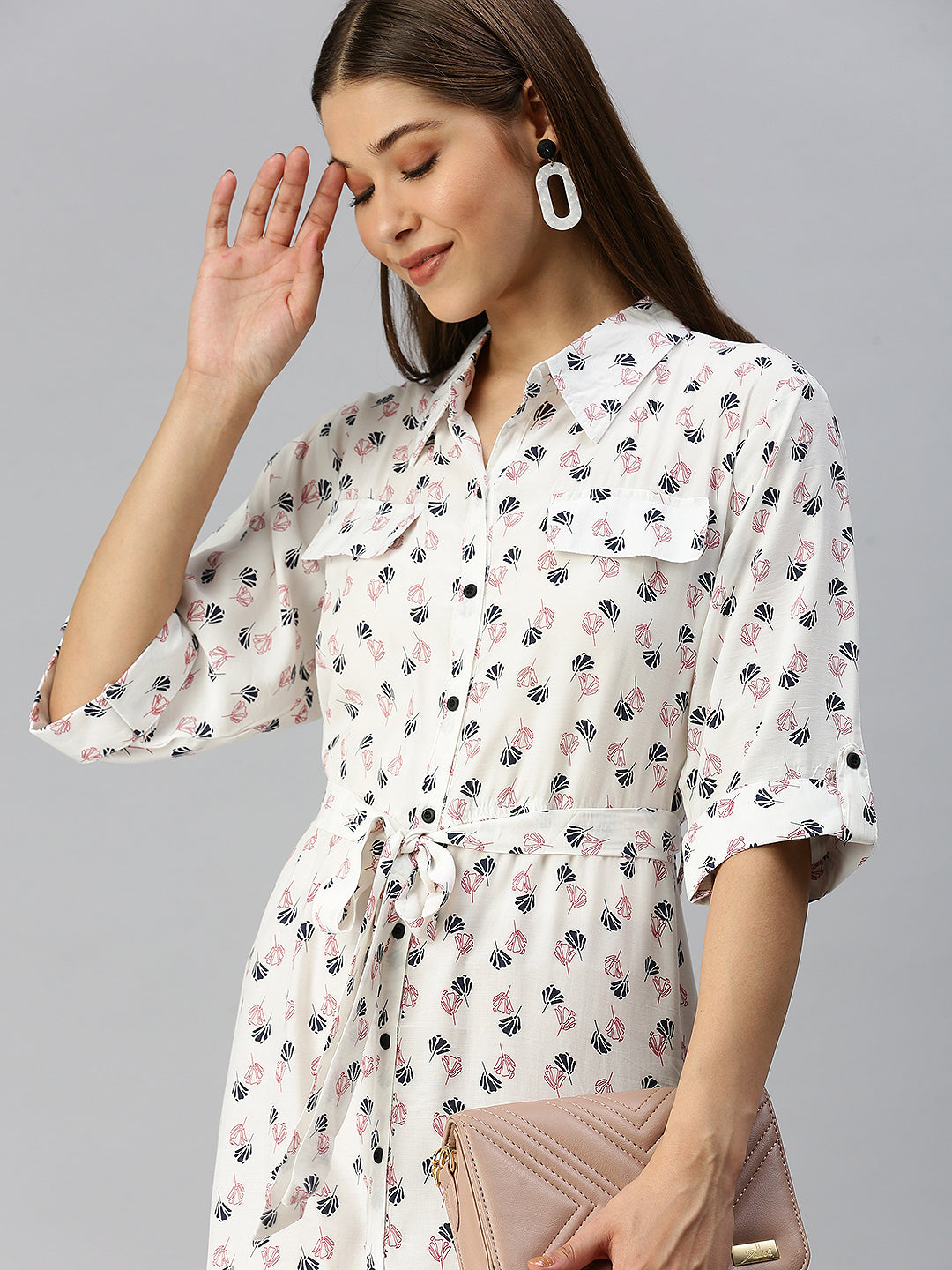 Women's White Printed Shirt Dress